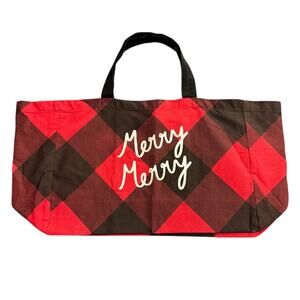 Loft Extra Large Flannel Tote Red Black Plaid Merry Merry Holiday Christmas Bag